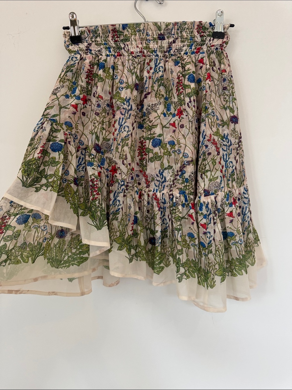 Maje Cream Asymmetrical Floral Tiered Skirt with Green & Blue Print - Picture 7 of 7
